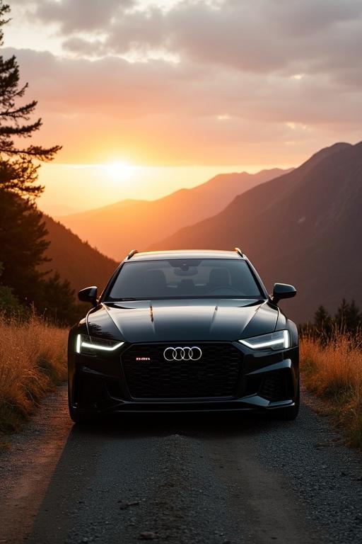 Audi RS6 Avant in valley with sunset in background and mountains. The car is viewed from the front. Road is surrounded by grass and trees.