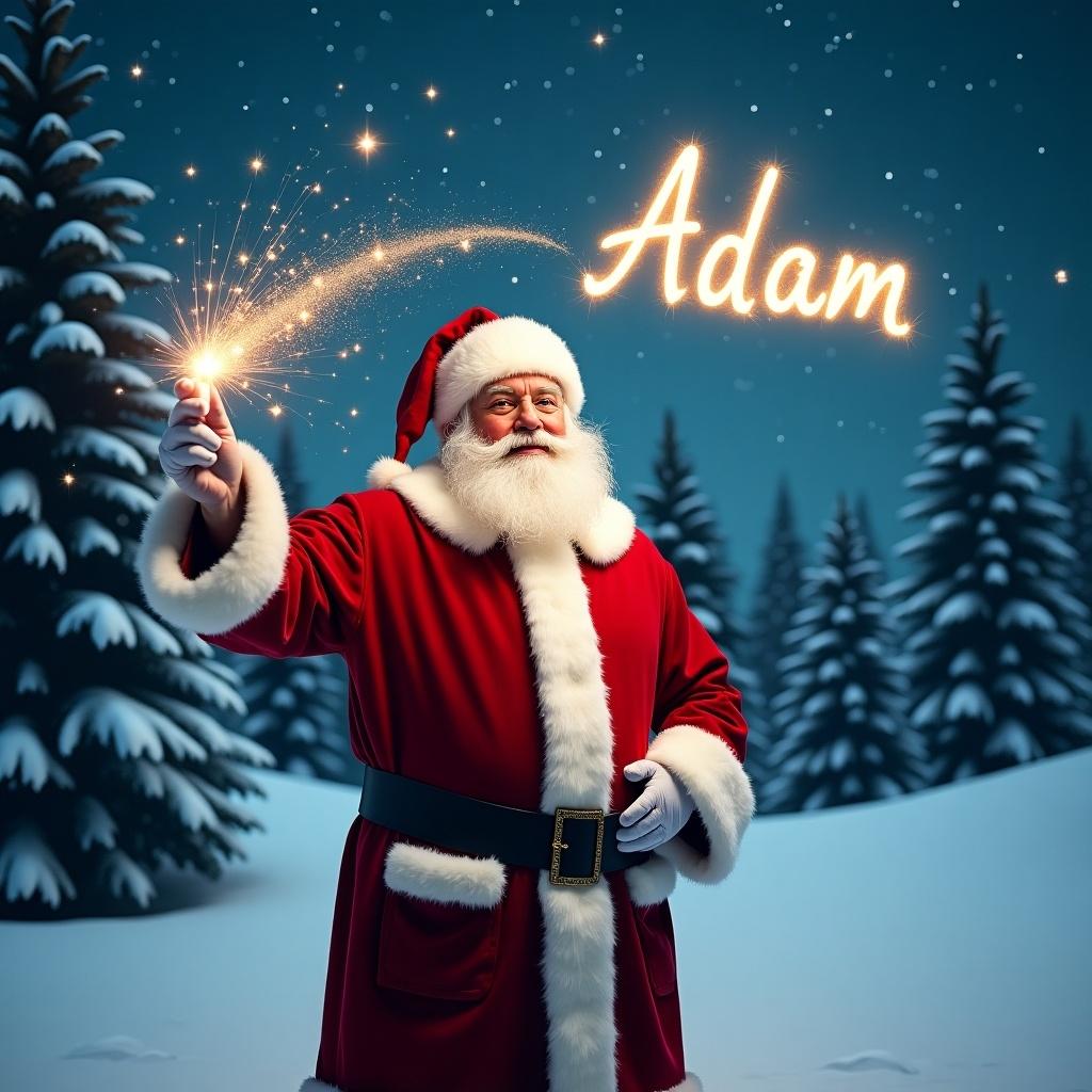 A jolly Santa Claus in a snowy landscape. Holding a magical wand that shines with sparkles. Wearing a classic red suit with white fur trim and a matching hat. Santa's eyes twinkle with joy. Appearing to write names in the sky. Behind him, a snowy scene with evergreen trees and a starry night sky. The atmosphere is festive and magical. The name is Adam in the sky.