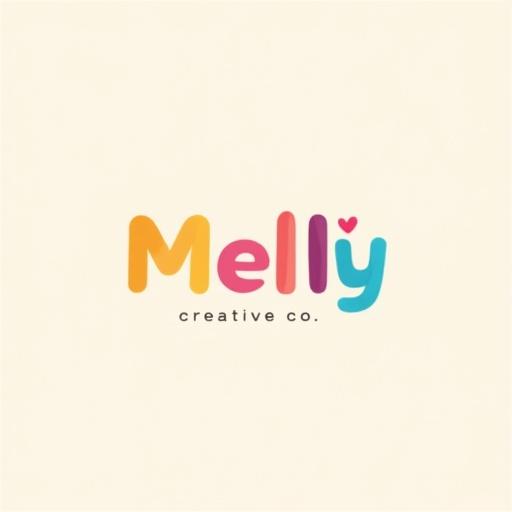 Logo design for a photography company featuring the text 'Melly Creative Co.' in vibrant colors. Each letter has a unique color. Central part includes a pink circle with a red heart symbolizing creativity. Clean design with a light beige background