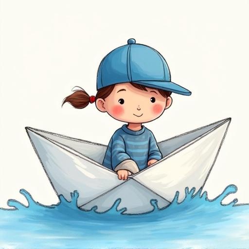 A child with a blue cap is sitting in a paper boat. The boat is in the water. The child looks happy and playful. The scene is colorful and whimsical.