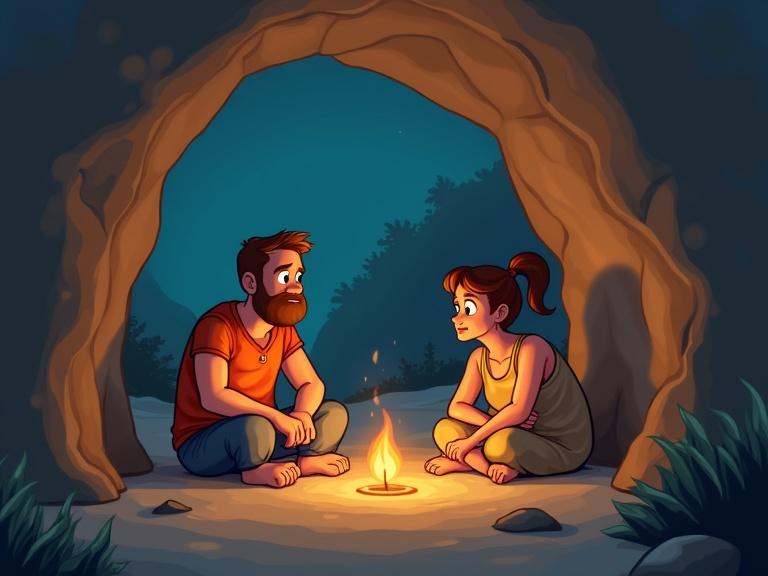 Cartoon scene of two people sitting in a cave by a campfire. A woman and a man are looking at each other. Dark background with cave walls.