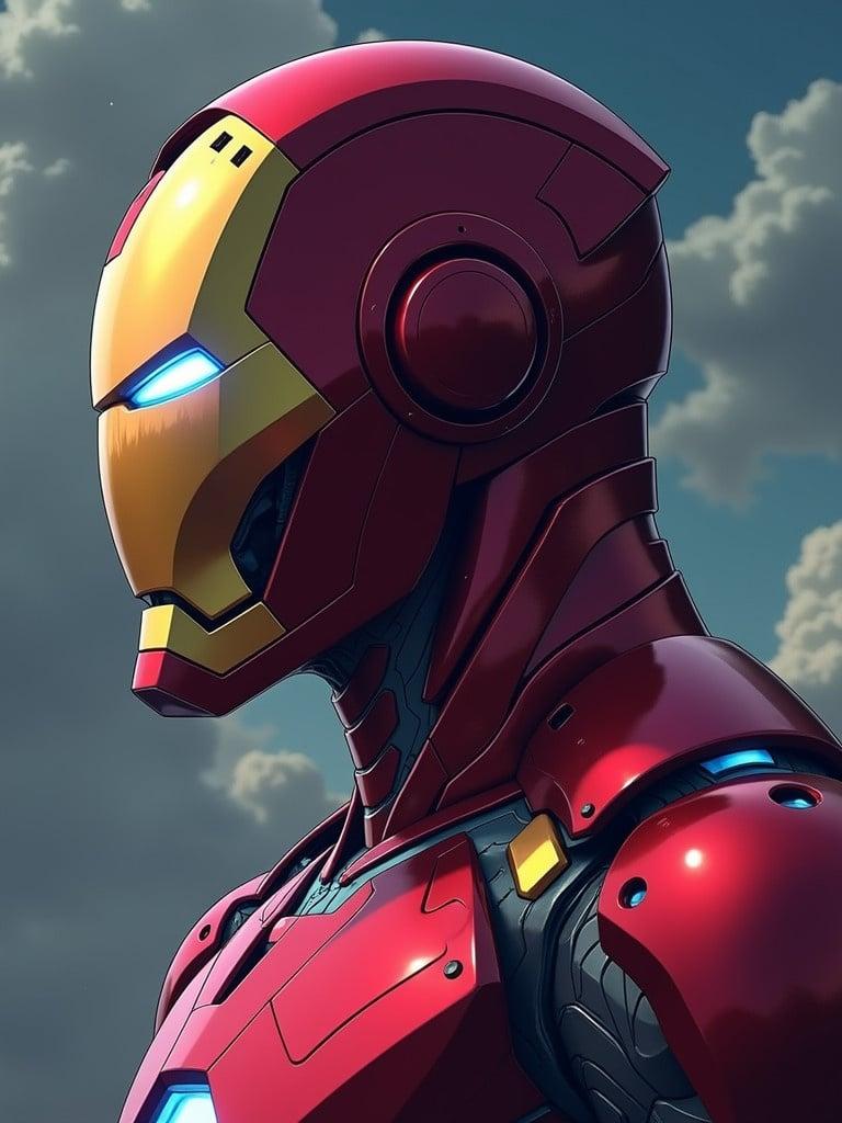 Iron Man shown in left profile view in anime style. The character features depth effects. Detailed armor design with reflections. Blue lights accentuating the faceplate. A dramatic cloudy background adds to the atmosphere.