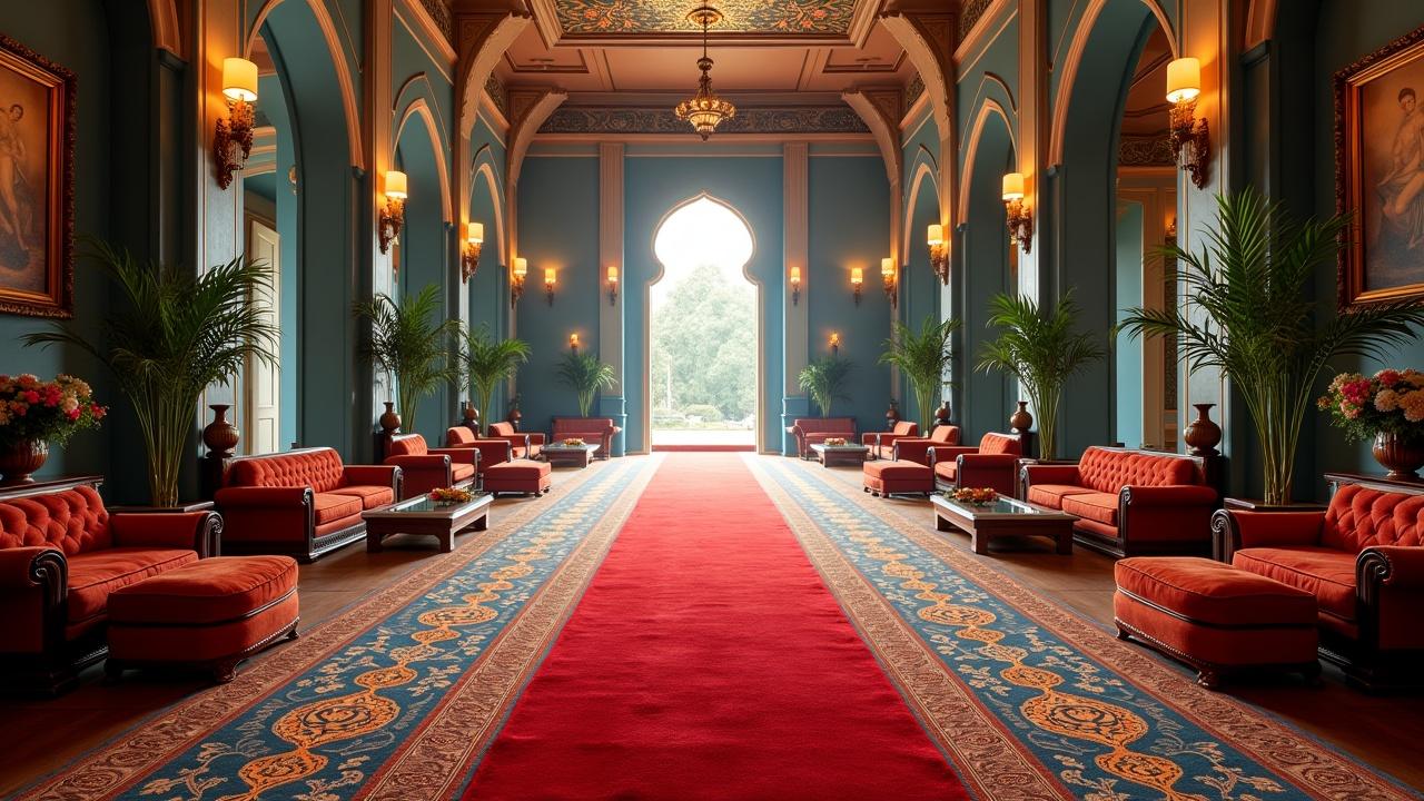 A luxurious palace hallway with arched doorways, elegant red couches, a central red carpet, and decorative plants lining the sides. Soft, ambient lighting enhances the rich blue walls adorned with paintings and ornate designs.