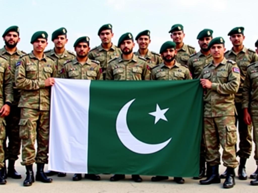 The image features a group of soldiers standing together proudly. They are wearing camouflage uniforms and distinctive green berets. The main focus is a large Pakistani flag that they hold at the front. The background is simple, with a clear sky above. The soldiers display a sense of solidarity and pride in their national identity. Their expressions convey determination and honor. This image could represent various themes, including patriotism, military service, and national unity.