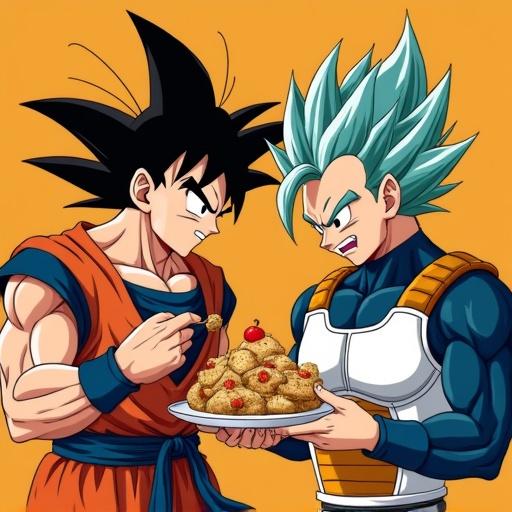 Goku and Vegeta engage in a friendly competition over a large plate of food. Goku wears his traditional orange gi while Vegeta is in his blue and white fighting suit. Both characters display strong expressions while contemplating the food.