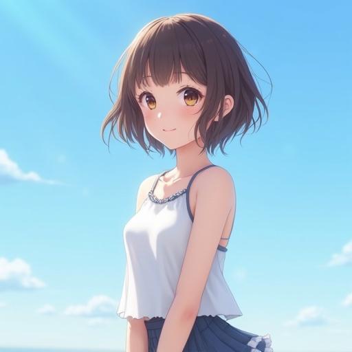 High-quality portrait of a cute girl at the beach. She has brown hair and is wearing a sleeveless white top with a frilled skirt. The backdrop includes a blue sky. The image is photorealistic and sharp in focus.