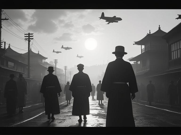 Cinematic intro showing black-and-white footage of World War II. Visually depict bombers flying over Japanese cities. Feature civilians in traditional 1940s Japanese attire. Highlight a map of Hiroshima and Nagasaki.
