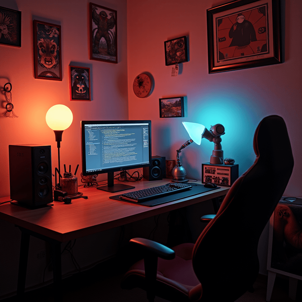 The image depicts a dimly lit computer workstation setup with an artistic vibe. At the center, there's a modern computer desk with a large widescreen monitor displaying code, perhaps suggesting a programming environment. 

The room's lighting is moody with a blend of red and blue hues, creating a striking contrast. On the desk, there are two lamps: one with a warm, red-orange glow, and the other with a cool, blue light emitting from a stylish, flexible arm lamp. There's a gaming chair facing the desk, indicating that this is a space designed for both productivity and comfort.

The walls are decorated with eclectic artwork, including illustrations and paintings, adding a creative and personalized feel to the space. Speakers are positioned on the desk, and various personal items contribute to the cozy atmosphere of this coder's den.