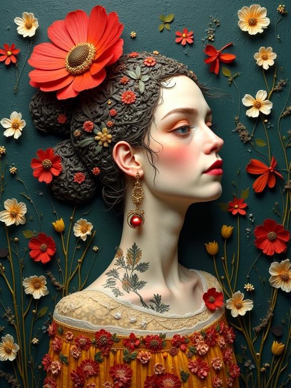 A beautiful woman in profile features intricate floral details in the hair. The background is textured with a layered floral arrangement. The expression is serene and captivating. The color scheme includes vibrant reds and earthy tones with subtle highlights.