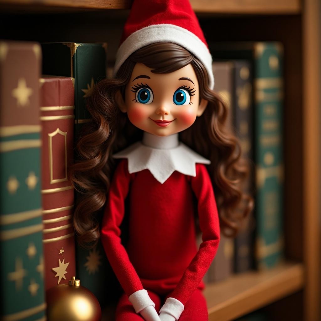 Holiday-themed elf doll with curly hair. Dressed in a red outfit and white collar. Surrounded by books on a shelf.