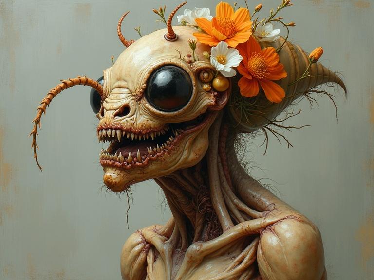 Create a surreal and unsettling hyperrealistic painting of a human-like figure with a grotesquely transformed insect head. Show anatomical details of the insect's head and exposed skin and muscles. Adorn the figure with orange and white flowers. Use a muted, earthy color palette. The lighting should be soft and diffuse, creating subtle shadows.