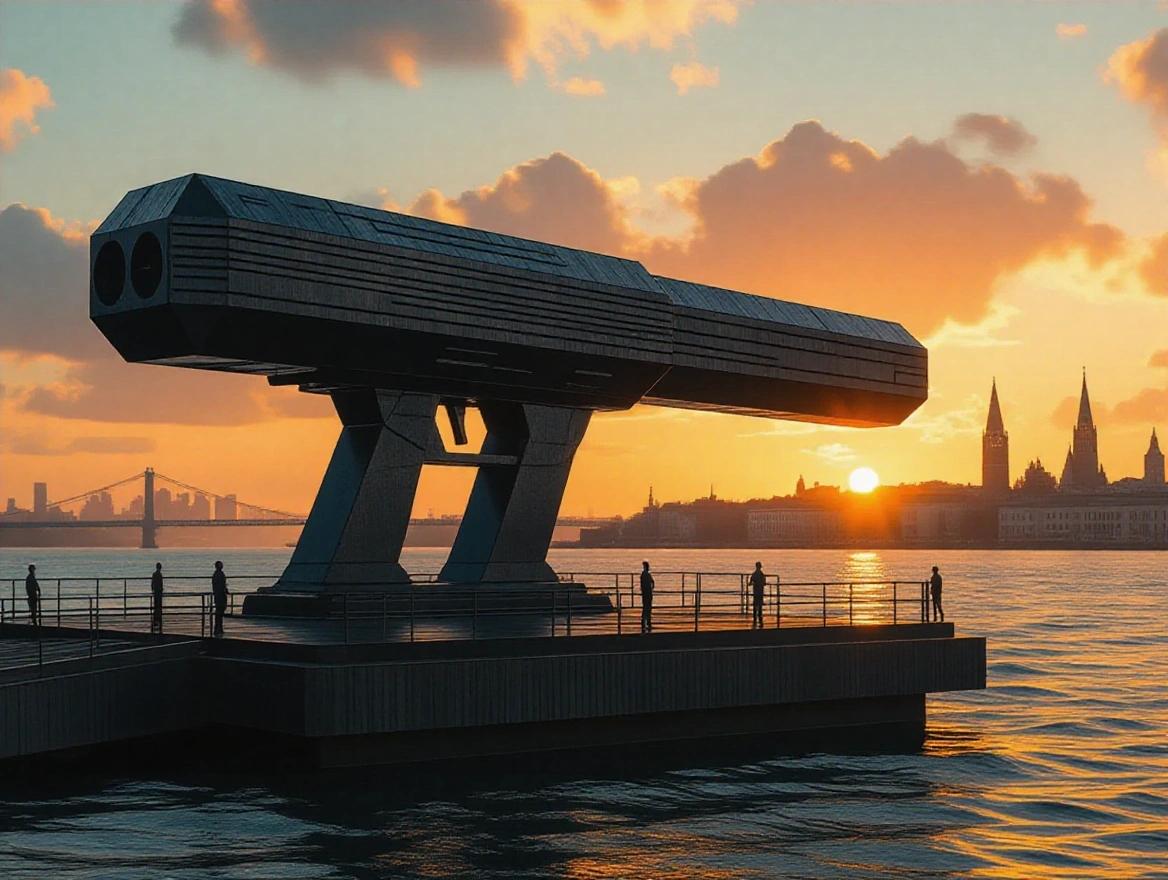 Cinematic view of a huge bulky sci-fi rectangular gun on a rotating platform on an island by a city across the river at sunset. Small figures stand by guard rails. Atmospheric fog and clouds add to the realism.