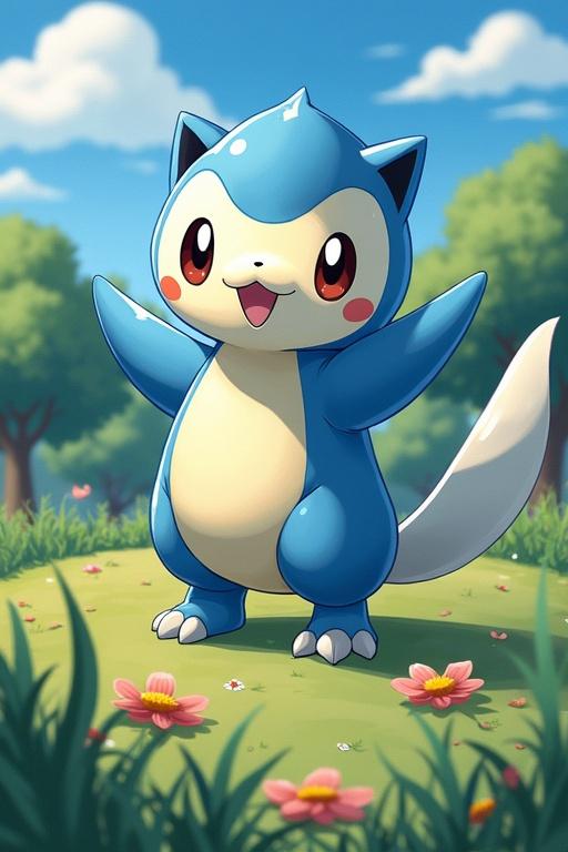 A cute blue Pokémon character standing in a grassy field with flowers under a bright sky. The character has a cheerful expression and arms open wide.