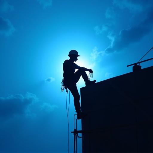 Construction worker climbing forward facing in blue silhouette