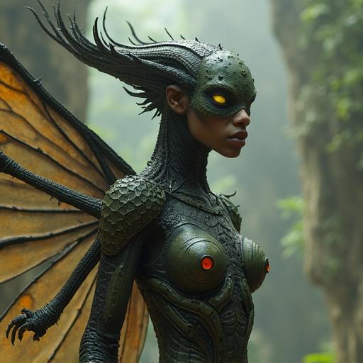 Tall slender character with four arms and antennae. Chitinous plates on the back and shoulders. Yellow shining eyes. Dramatic lighting enhances features. Low angle perspective showcases height.