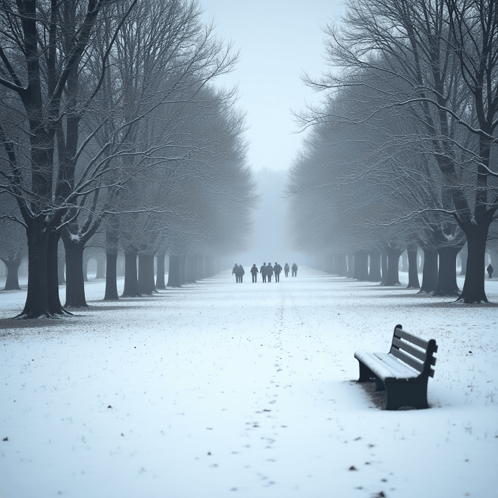 A snow-covered path lined with bare trees, dusted in snow, with a lone bench in the foreground and distant figures walking through the fog.