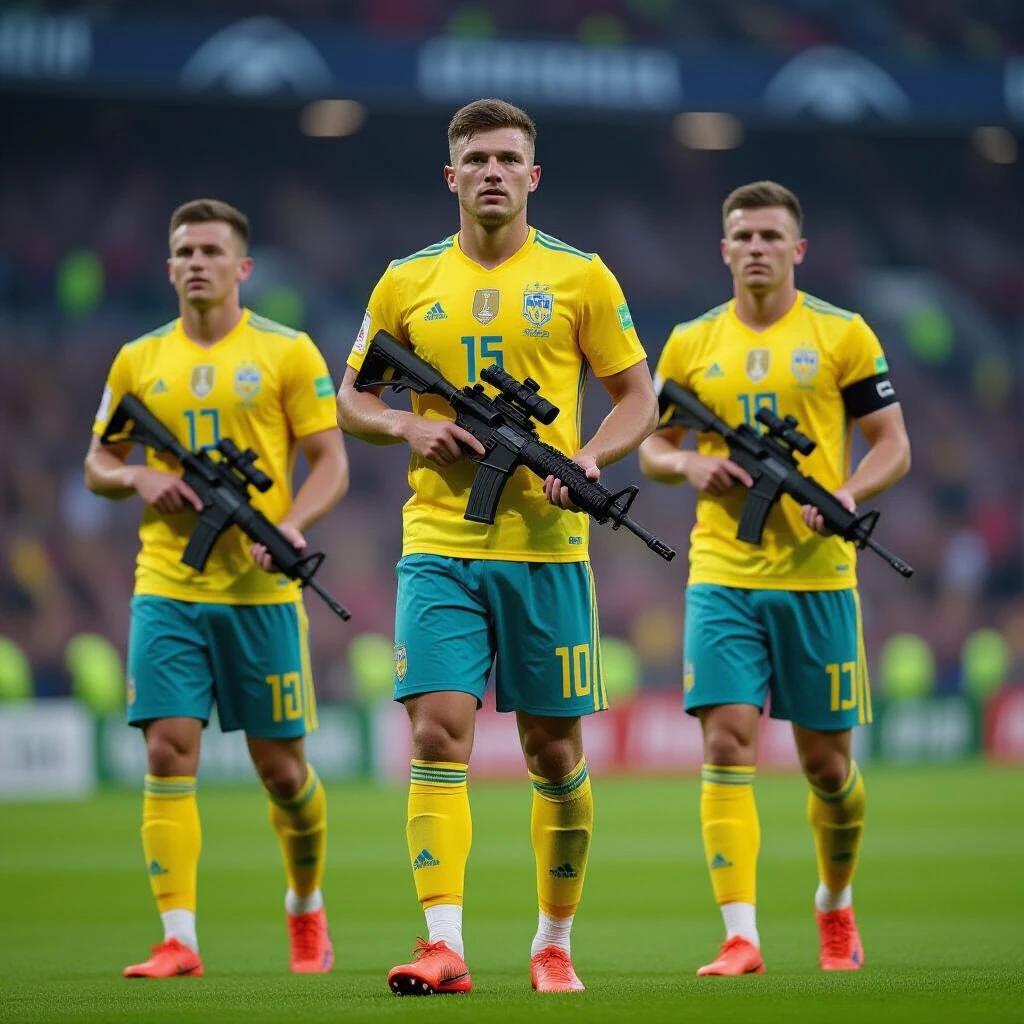 Footballers on pitch holding rifles dressed in yellow and blue uniforms. Players include numbers 10 and 15. Background filled with spectators. Stadium atmosphere noted.