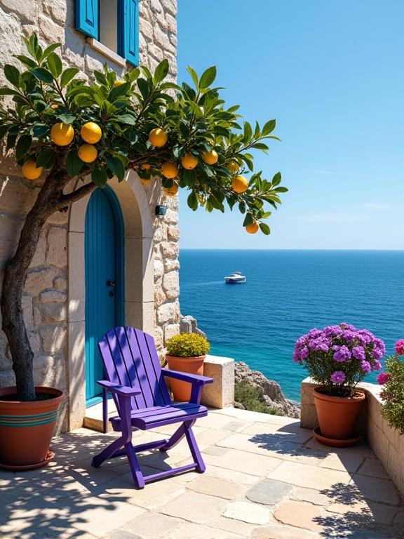 Charming seaside scene with a stone building and a lemon tree. Features a bright purple chair and colorful potted plants. Displays a view of the ocean and a clear blue sky. Captured on a light gray and beige stone patio.
