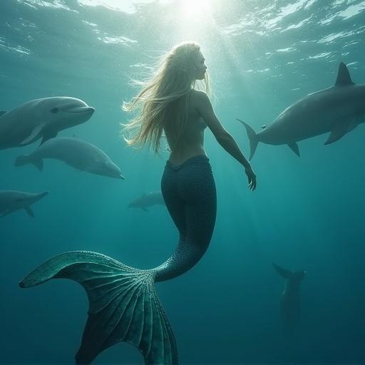 Wide body mermaid swimming in sea with dolphins realistic face look