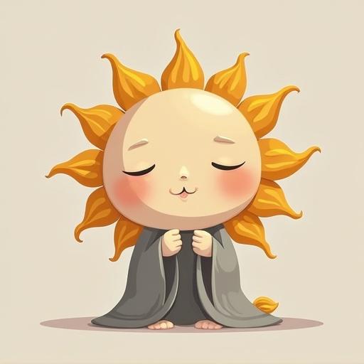 Iconic spiritual sun character with a cute expression. Soft matte grey and gold colors. Appears tender and serene.