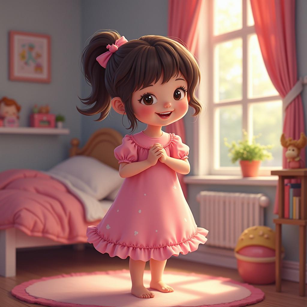 A charming scene featuring a little girl in a pink nightgown sitting on a bed. The bedroom is softly lit, showcasing a cozy atmosphere. The girl has long hair and a sweet expression. Beautiful decor enhances the setting.