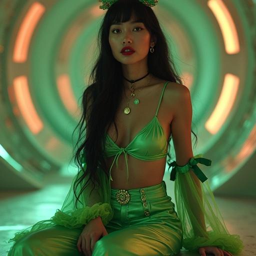 Full body shot of a young woman in a fabulous light green outfit with cards in outer space. She has long black hair, wears nice shoes, and looks classy and happy.