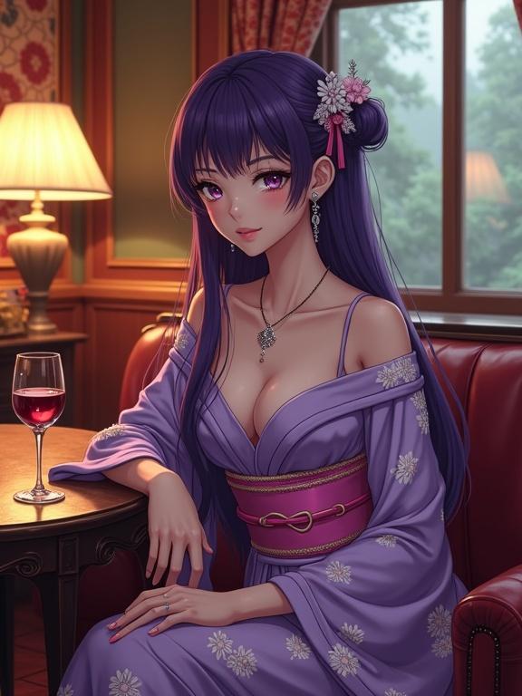 Anime lady in a luxurious lounge. She sits on a vintage leather sofa. Features violet hair and eyes. Wears violet off-shoulder kimono with flower patterns. Has a pink obi belt. Long hair with silver hair accessories. Relaxed posture with crossed legs. Glass of wine on the table. Warm golden lighting creates a cozy feel. Antique decor in the background. Window offers a view of trees outside.