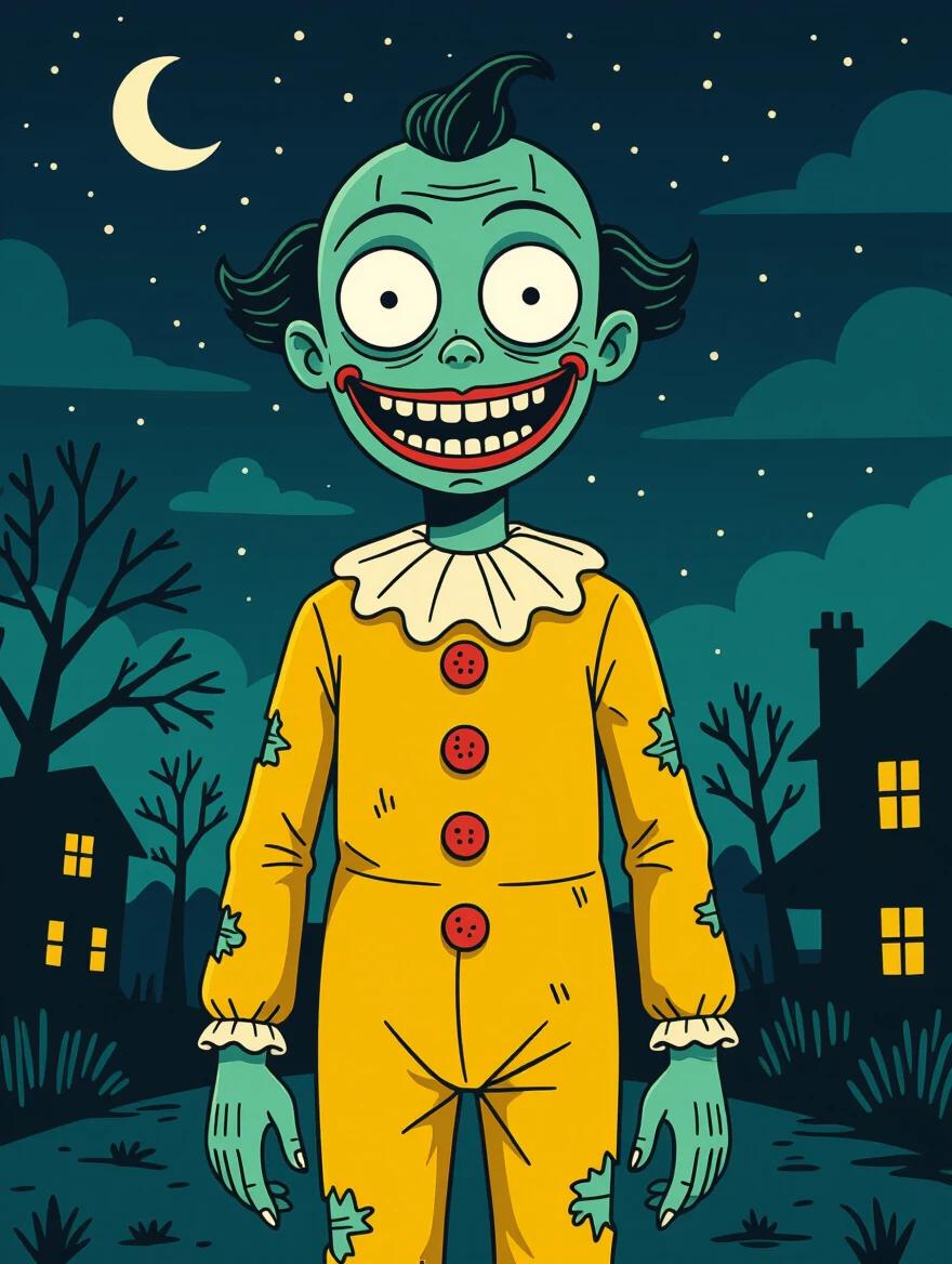 A bizarre nighttime scene under a starless sky. A humanoid creature with glowing eyes and a crooked smile. Dressed in a yellow clown suit with big buttons and torn fabric. Standing still on a cracked sidewalk. Dark trees in the background. Flickering streetlamp casting yellow light. Silhouettes of crooked houses. Composition evokes an unsettling, dream-like atmosphere.