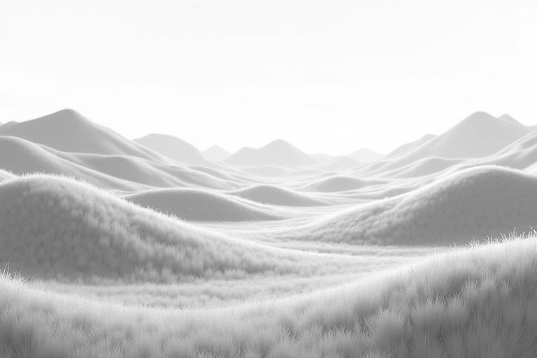 Generate a grayscale height map of a stylized anime-inspired grassland landscape with soft rolling hills gentle slopes elevated plateaus subtle valley curves smooth elevation changes no sharp cliffs ideal for cel-shaded anime rendering well-contrasted grayscale optimized for Unreal Engine.