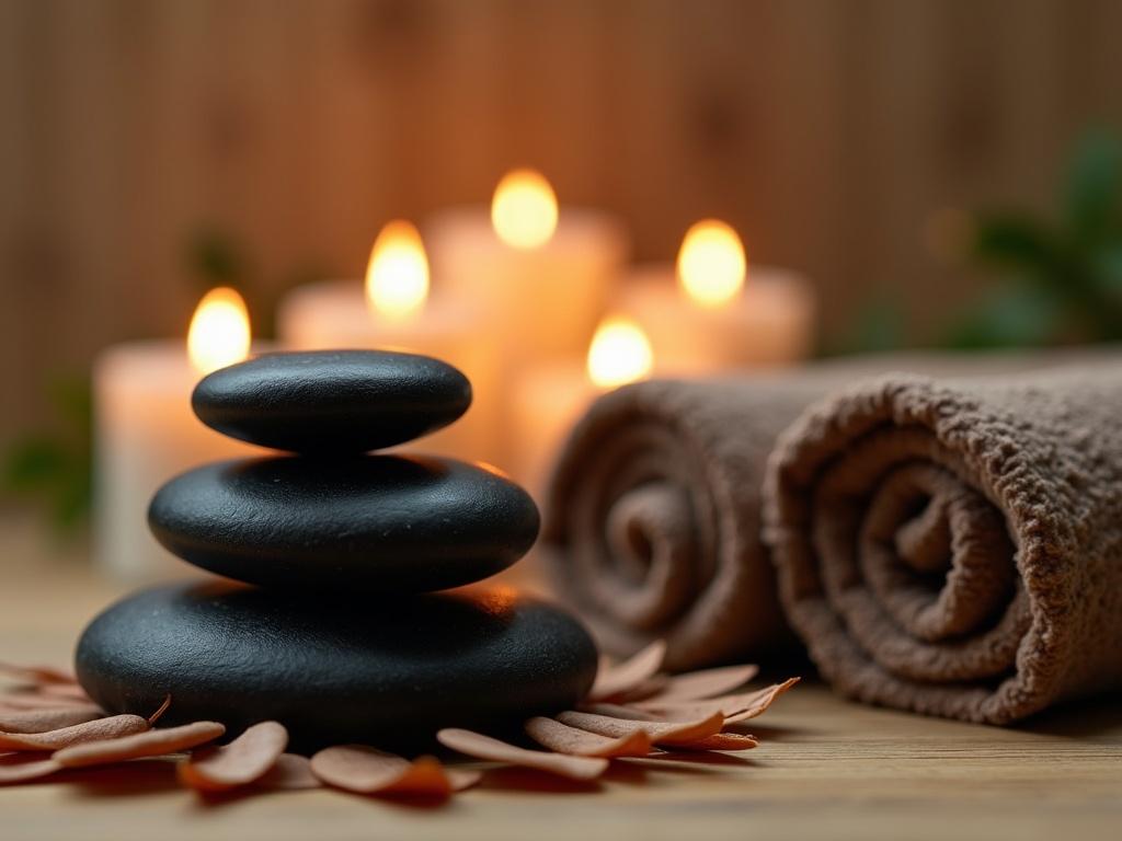 The image shows a tranquil spa setting. There are three smooth black stones stacked neatly on a wooden surface. In the background, there are soft glowing candles casting a warm light. Rolled-up brown towels are placed neatly nearby, adding to the serene atmosphere. Surrounding the stones is a layer of dried leaves, enhancing the natural feel of the scene. The overall ambiance is calming and inviting, perfect for relaxation and wellness.