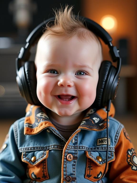 Cute baby with chubby cheeks wearing colorful rock ’n’ roll clothing with punk-inspired patterns and details. Baby has large headphones. Close-up with a gentle confident smile, facing forward. Soft natural lighting in a bright blurred music studio background.