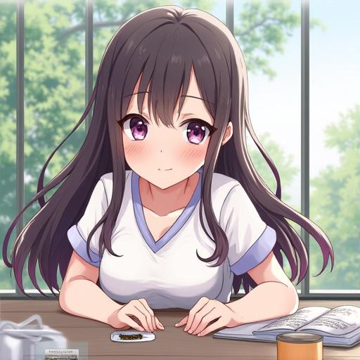 A young woman in swimwear sitting at a table. Long dark hair. Expressive eyes. Soft ambiance with natural lighting from the window. Casual setting with an item on the table.