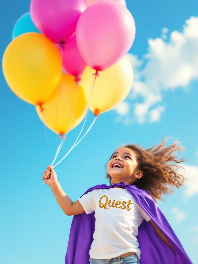 A joyful 3-year-old girl holds a bunch of colorful balloons. She wears a flowing purple cape. The shirt says Quest in shimmering gold. The background shows a bright blue sky with fluffy clouds.