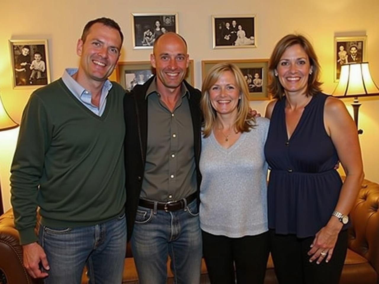 This image features four individuals standing closely together in a cozy indoor setting. They are smiling and appear to be enjoying each other's company. The background has framed photographs on the wall and a comfortable looking sofa. Two men and two women are present, dressed casually. The lighting is warm, contributing to the inviting atmosphere. The scene conveys a sense of friendship or familial connection.