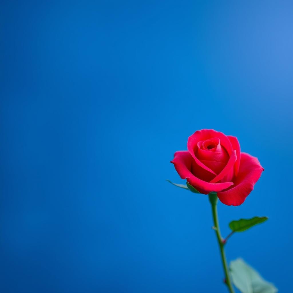 A single red rose stands against a vibrant blue background.