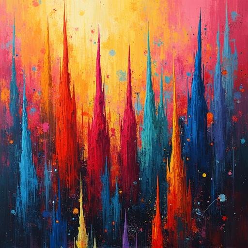 Abstract composition features colorful spikes and swirls creating a dynamic effect. The artwork displays vibrant colors blending into each other. Spiky forms dominate the scene against a warm background.