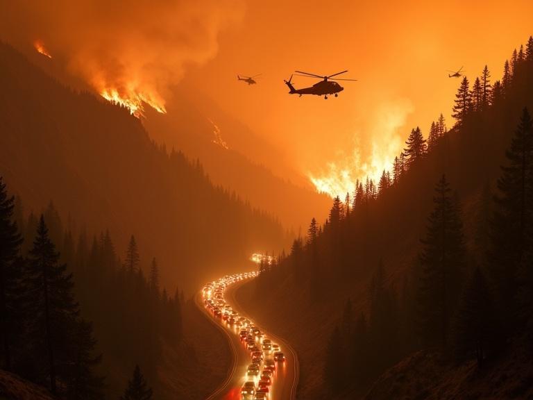 High-definition panorama of a serpentine highway descending from a mountain peak. The road winds through a forest engulfed by wildfire. Distant walls of fire rage, sending ash into the air. The highway is packed with vehicles driving forward. The sky is orange with smoke. Helicopters fight the blaze, targeting hot zones. Scene conveys power, flight, and struggle.