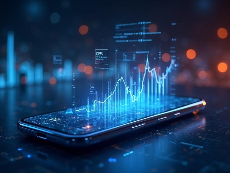 Futuristic financial app on a holographic smartphone. Background features glowing stock charts and data visualizations. Represents mobile banking and investment with atmospheric effects.