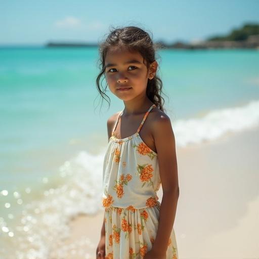 16 year old girl with white skin in a floral swimming dress on beach. Ocean and sand in background. Bright sunny day.