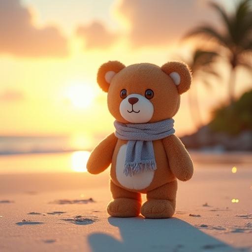A teddy bear made of soft brown plush standing alone on a beach at sunset. The bear has large eyes and a thoughtful expression. It wears a light scarf that flutters in the breeze. The scene includes palm trees and glowing clouds in the sky. The sunlight highlights the bear's face and body, creating a long shadow. Tiny light particles float in the air, enhancing the magical atmosphere. Image captured from a low angle showing the peaceful beach and sky.