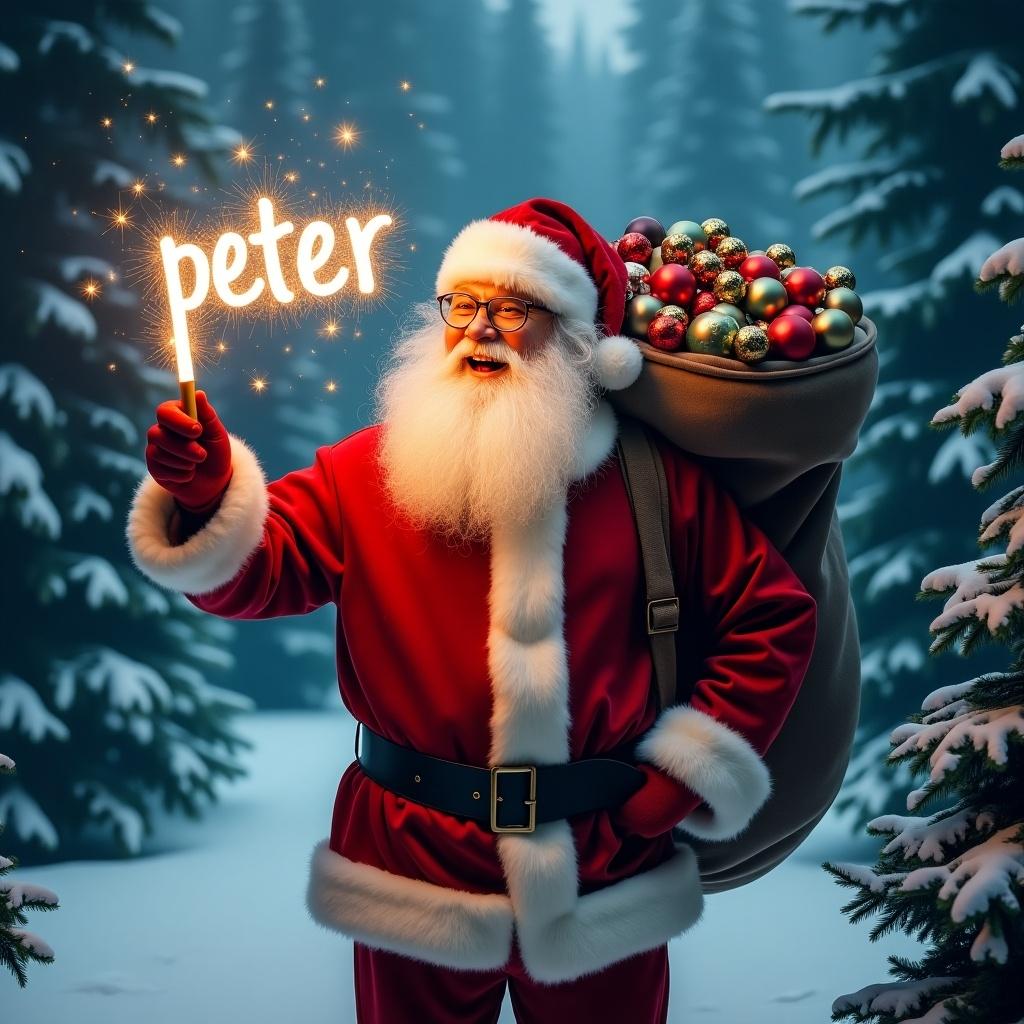 A joyful Santa Claus in a vibrant red outfit with a fluffy white beard is standing in a snowy landscape. He is surrounded by evergreen trees. Santa is holding a glow stick and writing the name 'peter' in the air with sparkling letters. His large sack is filled with colorful ornaments, emphasizing the festive spirit. The scene has a warm, magical glow, creating an enchanting holiday atmosphere.