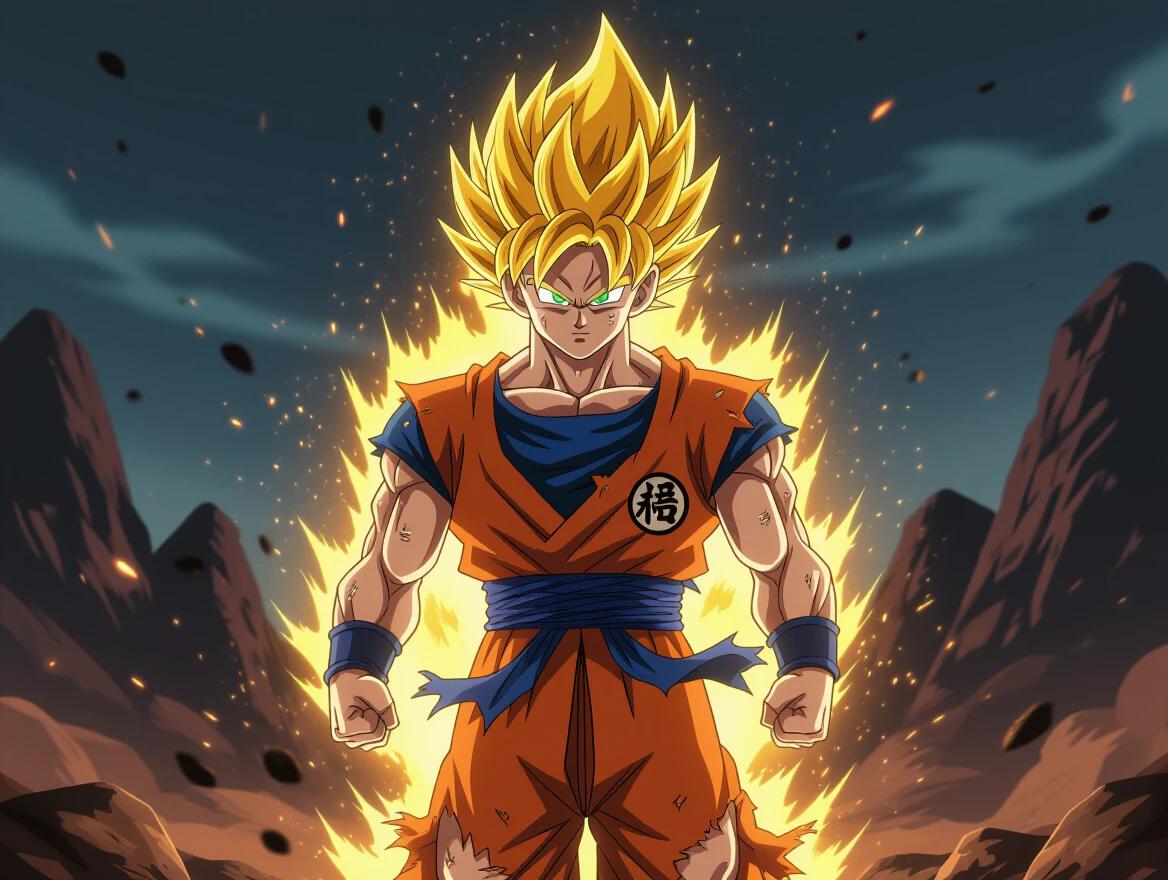 Anime warrior stands in rocky terrain charging energy. Spiky golden hair and glowing green eyes. Fists clenched beside body. Wears damaged orange and blue uniform with fabric moving in the wind. Golden aura glows around him. Dark background with particles and motion blur. High contrast lighting and details in painterly anime style. Serious and intense mood with realistic textures.