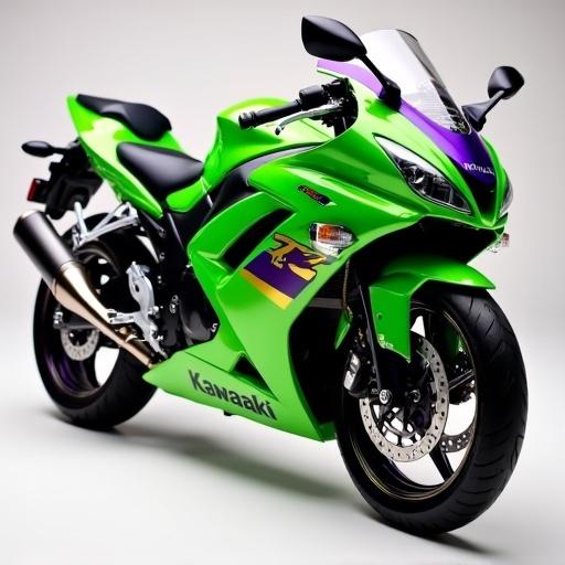 Detailed image of a 2008 Kawasaki Ninja 250R. The motorcycle features a green tank with solid purple fairings and gold accents. Bright lighting showcases its design.
