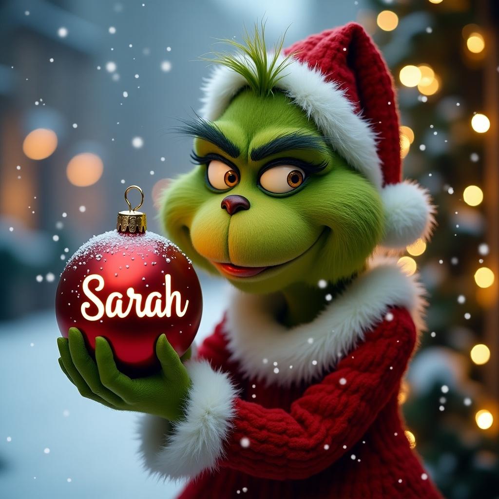 Grinch character holds a red Christmas bauble. Snowy background has Christmas lights. Festive atmosphere.