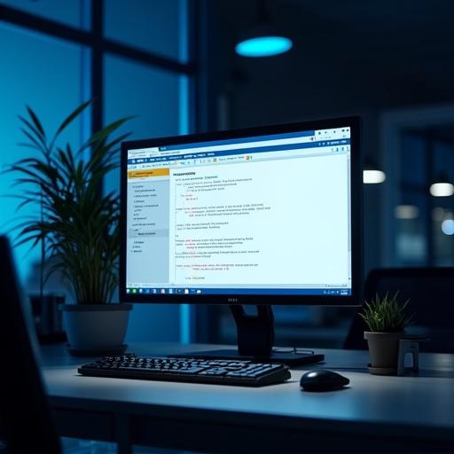 Modern workspace with a computer screen displaying SQL Server setup and AccuPlan installation process. Clear interface with visible code lines. Clean and organized desk featuring technical tools. Dim background illuminated by blue light for a professional tech tutorial theme.