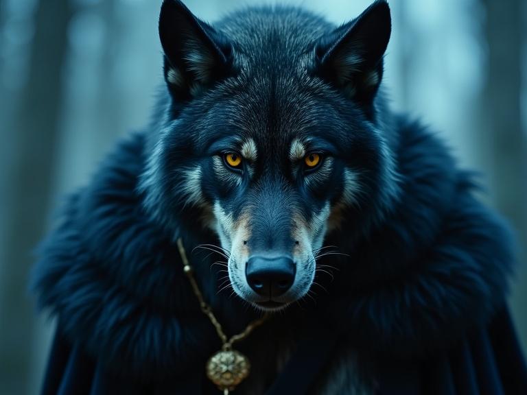 Intense close-up of Fenrir with a determined expression. Dressed in a black embroidered cloak and wearing a wolf pendant. Background has mystic symbolism like runes. Cold blue light creates atmosphere. Dramatic lens flare enhances effect. Particles float around. Text: 'A VERDADEIRA HISTÓRIA' in bold 3D font appears.