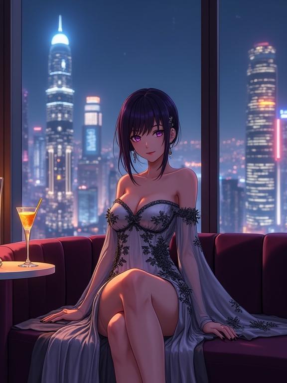 An elegant woman in a shiny silver gown sits on a sofa. The gown features black floral embroidery. She sits gracefully with legs crossed. A cocktail is on the nearby bar. The city skyline is visible through the window. The image portrays a modern and sophisticated atmosphere.