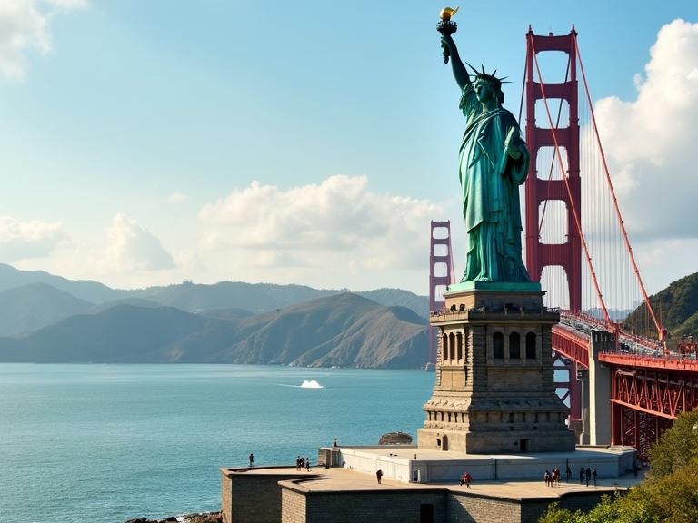 Image showing Statue of Liberty with Golden Gate Bridge in the background. Scene during daytime with scenic landscape. Statue is highlighted in the foreground and bridge is visible behind.