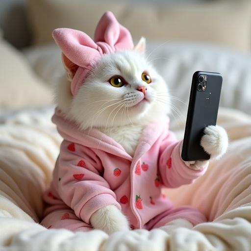Fluffy white cat sitting on a cream bed. Cat wears pink pajama onesie with strawberry patterns. Cat has a pink headband with a bow. Cat has a sheet mask on its face. One paw holds a black smartphone. Background features softly lit bedroom with blankets and pillows. Cat gazes at the phone with a calm expression.