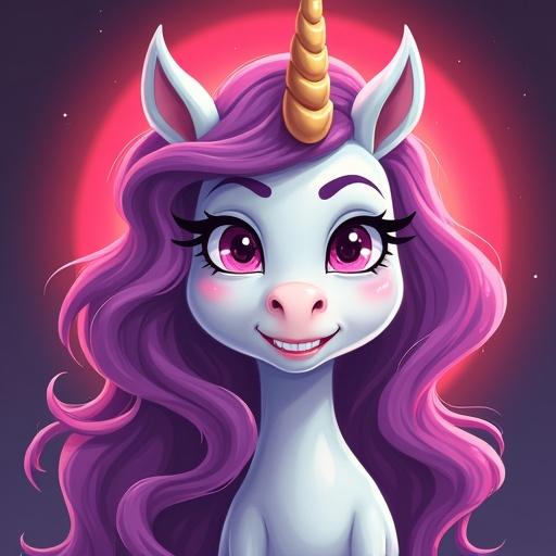 Cartoonish unicorn with long purple hair. Unicorn displays an evil smile. Background features a glowing circle.
